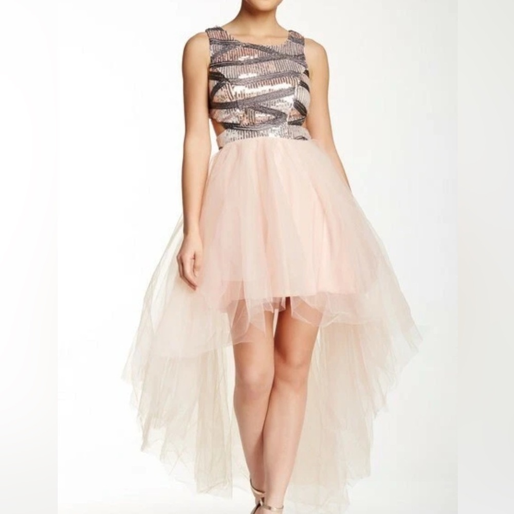 Windsor Blush Pink Tulle High-Low Dress with Metallic Sequin Bodice